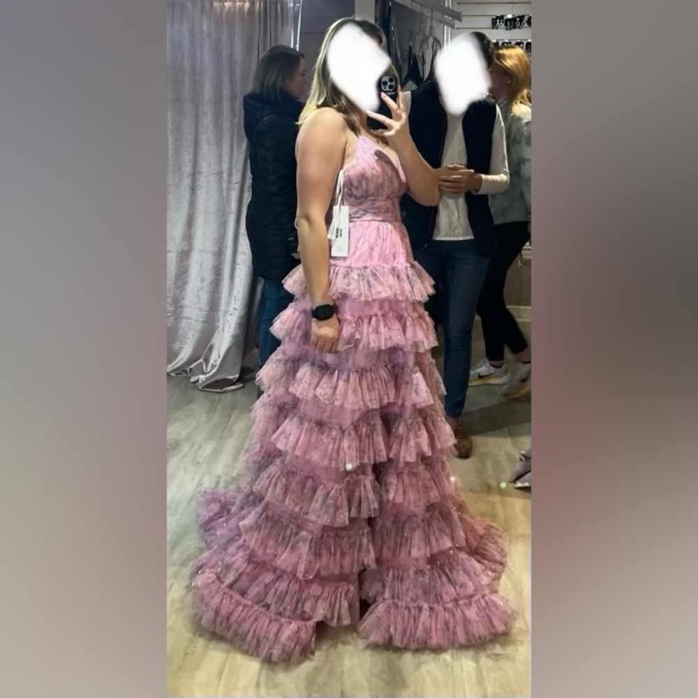 Jovani Pink Ruffle Tulle Gown, size 8